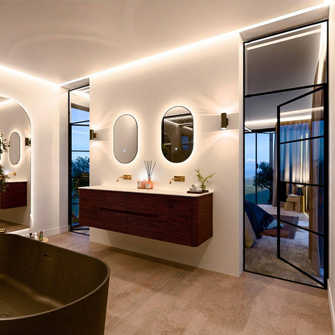 Mondiaz CIRO-DLUX Meuble de salle de bains - 180x45x50cm - Plan vasque Solid surface Opalo - 2 vasques Double - sans perçage pour robinet - 4 tiroirs - Ruby SW1531815