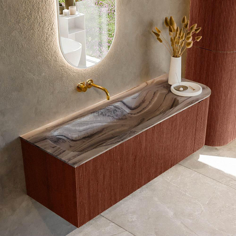 MONDIAZ KURVE-DLUX Meuble de salle de bains 135cm arrondi à droite couleur Ruby avec 1 tiroir et 1 porte. Lavabo BIG MEDIUM à gauche sans trou de robinet Sombra. SW1433963