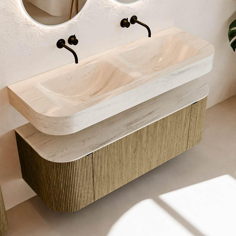 MONDIAZ THOR-DLUX 130cm meuble de salle de bains arrondi gauche + droite couleur Dusk avec 1 tiroir et 2 portes. Vasque suspendue CLOUD Double sans trou de robinet couleur Meli. SW1463860