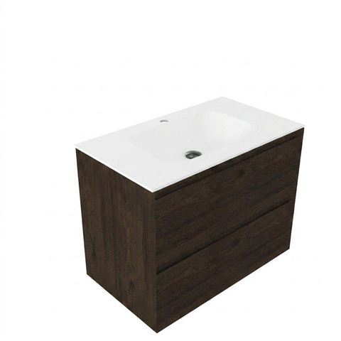 Saniclass Holz Pure Ensemble meuble de salle de bains - 80x45x61.5cm - Vasque Flow en solid surface blanc - 1 vasque - 1 trou de robinetterie - 2 tiroirs - chêne charcoal mat (bois) SW1478392