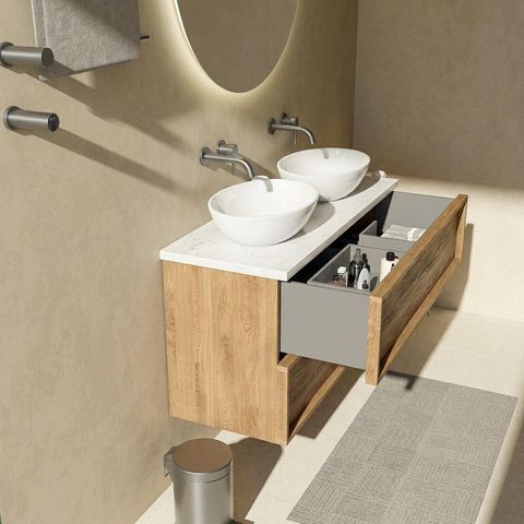 Saniclass Holz Frame Badkamermeubelset - 120x45x63cm - Dia marmeren wastafelblad gepolijst (wit) - zonder kraangat - 2 lades - mat eiken natural (hout) SW1580124