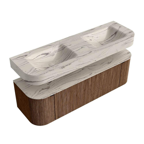 MONDIAZ THOR-DLUX 150cm meuble de salle de bains arrondi gauche + droite couleur Walnut avec 1 tiroir et 2 portes. Vasque suspendue CLOUD Double 2 trous de robinet couleur Nata. SW1464805