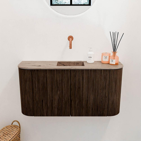Mondiaz JOYA-DLUX 83.2cm meuble de salle de bains WC - arrondis gauche et droite couleur Noyer - Vasque FAYE position Milieu Sans trou de robinet couleur Arena SW1424388