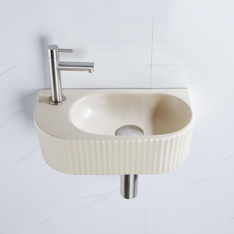 QeramiQ Fuente fonteinset – halfrond – 40x21.5x12 cm – kraangat links – kraan geborsteld RVS – geribbeld SW1233020