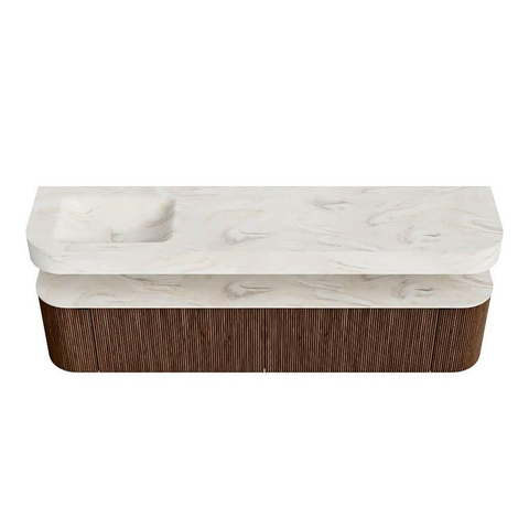 MONDIAZ THOR-DLUX 200cm badmeubel ronding links + rechts kleur Walnut met 2 lades en 2 deuren. Vrijhangende wastafel CLOUD Links zonder kraangat kleur Ostra. SW1467010