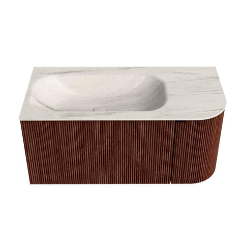 MONDIAZ KURVE-DLUX Meuble de salle de bains 95cm arrondi Droite couleur Ruby avec 1 tiroir et 1 porte. Lavabo BIG SMALL Gauche sans trou de robinet Meli. SW1432037