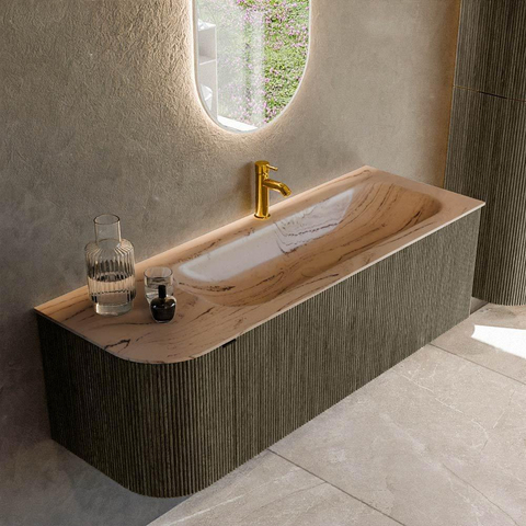 MONDIAZ KURVE-DLUX 135cm meuble de salle de bains arrondi gauche couleur Shadow avec 1 tiroir et 1 porte. Lavabo BIG MEDIUM droit 1 trou de robinet Arena. SW1431471