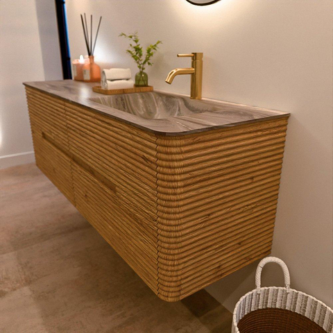 Mondiaz CIRO-DLUX Badkamermeubelset - 150x45x50cm - Solid surface wastafel Sombra - 1 wasbak Rechts - 1 kraangat - 4 lades - Oak SW1531249