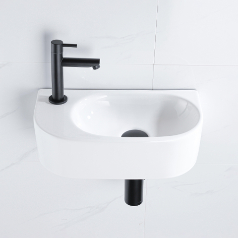 QeramiQ Fuente fonteinset – halfrond – 40x21.5x12 cm – keramiek wit glans – kraangat links – mat witte kraan SW1419341