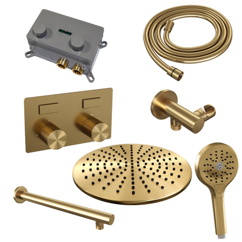 BRAUER Gold Carving Douche de pluie thermostatique encastrée - boutons poussoirs - SET 56 - tête de douche 30cm - bras mural droit - douchette 3 jets - flexible de douche - coude d'alimentation mural - or brossé PVD SW925626
