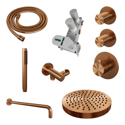 BRAUER Stripe Douche de tête thermostatique encastrable - SET 02 - pomme de douche 25cm - bras mural courbé - douchette sur barre - flexible de douche - coude mural - cuivre brossé PVD SW1434917