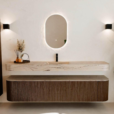 MONDIAZ THOR-DLUX 200cm meuble de salle de bains arrondi gauche + droite couleur Walnut avec 2 tiroirs et 2 portes. Vasque suspendue CLOUD Milieu 1 trou de robinet couleur Arena. SW1467072