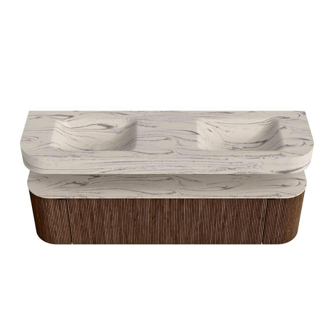 MONDIAZ THOR-DLUX 170cm meuble de salle de bains arrondi gauche + droite couleur Walnut avec 1 tiroir et 2 portes. Vasque suspendue CLOUD Double sans trou de robinet couleur Nata. SW1465782