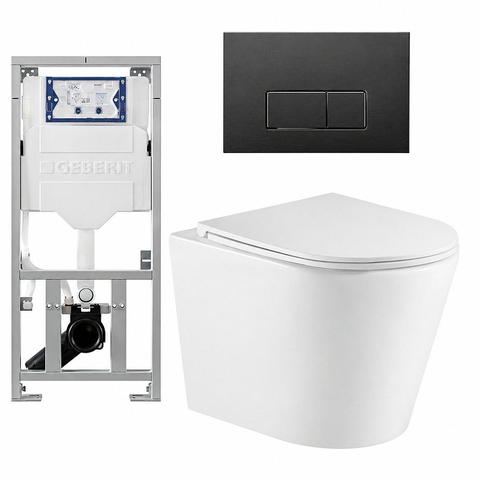 QeramiQ Dely Toiletset - 36.3x51.7cm - diepspoel - rimless - Geberit UP320 inbouwreservoir - met Burda frame - softclose toiletzitting - mat zwarte bedieningsplaat - rechtehoekige knoppen - mat wit SW804602