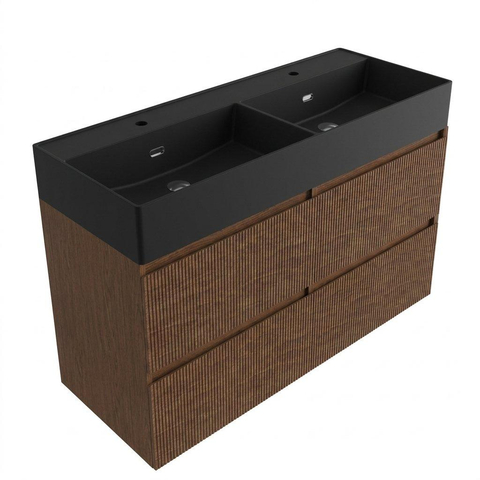 Saniclass Holz Atelier Badkamermeubelset - 120x45x72cm - Legend keramische wastafel mat zwart - 2 wasbakken - 2 kraangaten - 2 lades - mat walnut pure (hout) SW1579644