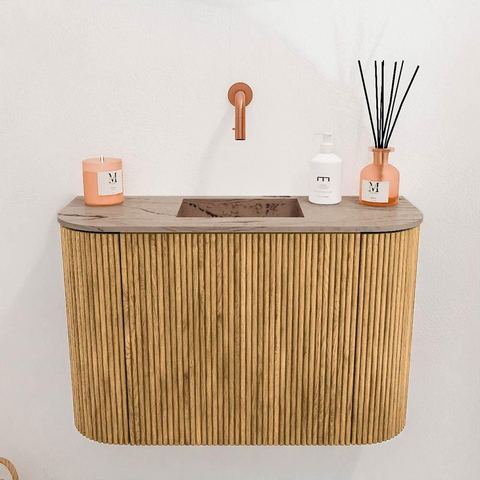 Mondiaz JOYA-DLUX 63.2cm toiletmeubel - ronding links en rechts kleur Oak - Wastafel FAYE positie Midden Zonder kraangat kleur Arena. SW1423888