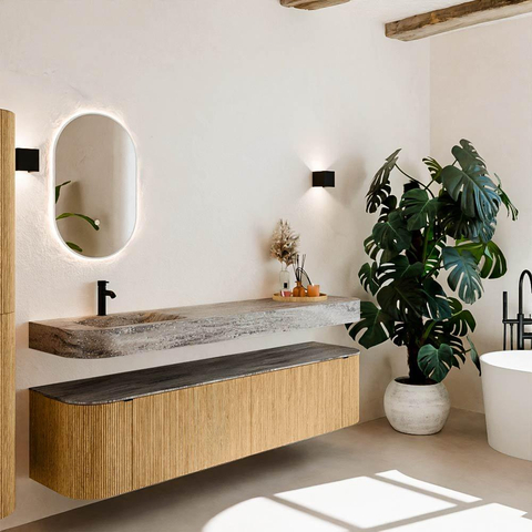 MONDIAZ THOR-DLUX Meuble de salle de bains 190cm arrondi gauche + droite couleur Oak avec 2 tiroirs et 2 portes. Vasque suspendue CLOUD Gauche 1 trou de robinet couleur Oza. SW1466799