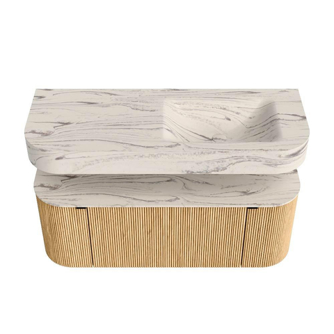 MONDIAZ THOR-DLUX 120cm meuble de salle de bains arrondi gauche + droite couleur Oak avec 1 tiroir et 2 portes. Vasque suspendue CLOUD Droite sans trou de robinet couleur Nata. SW1463332