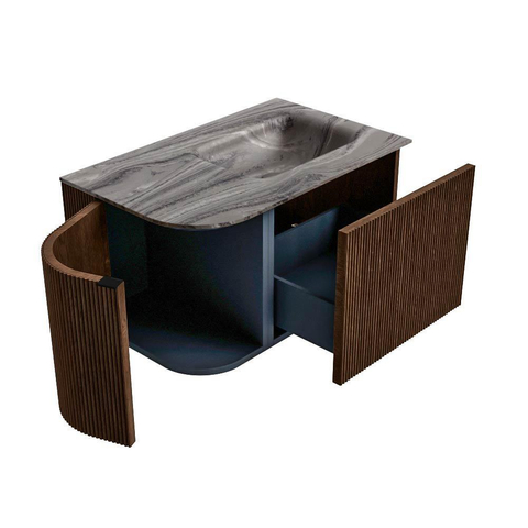 MONDIAZ KURVE-DLUX Meuble de salle de bains 75cm arrondi à gauche couleur Walnut avec 1 tiroir et 1 porte. Lavabo GRUNNE à droite 1 trou de robinet Sombra. SW1433631