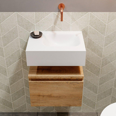 MONDIAZ ANDOR Toiletmeubel 40x30x30cm met 0 kraangaten 1 lades washed oak mat Wastafel Lex rechts Solid Surface Wit SW474257