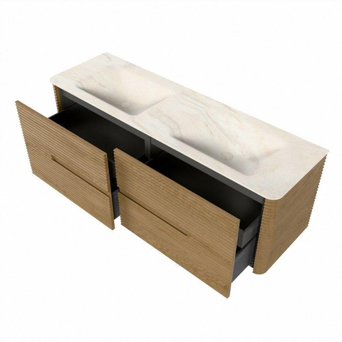 Mondiaz CIRO-DLUX Badkamermeubelset - 150x45x50cm - Solid surface wastafel Ostra - 2 wasbak Dubbel - 2 kraangaten - 4 lades - Oak SW1530922