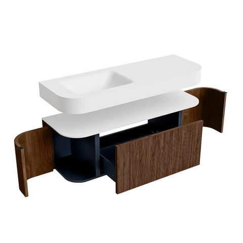 MONDIAZ THOR 130cm meuble de salle de bains arrondi gauche + droite couleur Walnut avec 1 tiroir et 2 portes. Vasque suspendue CLOUD Gauche sans trou de robinet couleur Talc. SW1463553