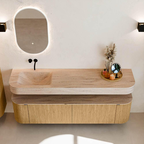 MONDIAZ THOR-DLUX 180cm badmeubel ronding links + rechts kleur Oak met 2 lades en 2 deuren. Vrijhangende wastafel CLOUD Links zonder kraangat kleur Saba. SW1466311