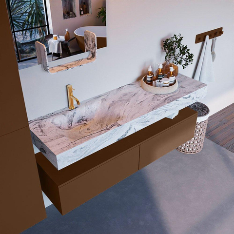 Mondiaz ALAN-DLUX Ensemble de meuble - 150cm - meuble Rust mat - 2 tiroirs - Lavabo Cloud Glace suspendu - vasque Gauche - 1 trou de robinet SW806002