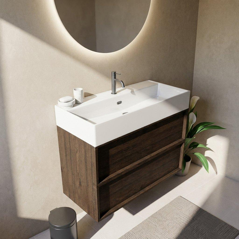 Saniclass Holz Frame Ensemble de meubles de salle de bains - 100x45x72cm - Legend lavabo en céramique blanc - 1 vasque - 1 trou de robinet - 2 tiroirs - chêne charbon mat (bois) SW1579984