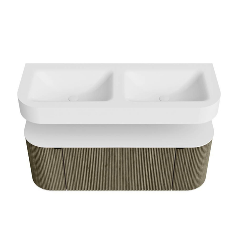 MONDIAZ THOR 120cm meuble de salle de bains arrondi gauche + droite couleur Shadow avec 1 tiroir et 2 portes. Vasque suspendue CLOUD Double sans trou de robinet couleur Talc. SW1463152