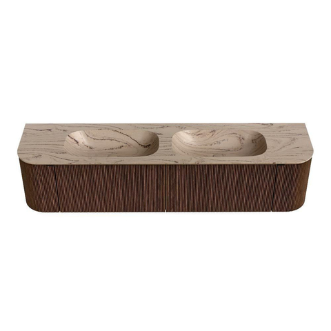 MONDIAZ KURVE-DLUX 190cm badmeubel ronding Links + Rechts kleur Walnut met 2 lades en 2 deuren. Wastafel STOR SMALL Dubbel 2 kraangaten Arena. SW1431248