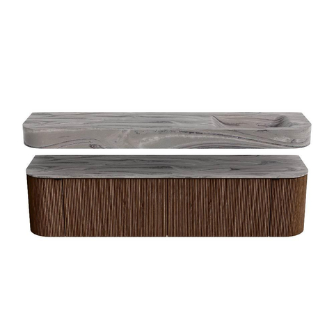 MONDIAZ THOR-DLUX Meuble de salle de bains 180cm arrondi gauche + droite couleur Walnut avec 2 tiroirs et 2 portes. Vasque suspendue CLOUD Droite sans trou de robinet couleur Sombra. SW1466262
