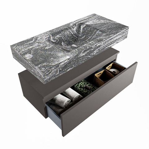 Mondiaz ALAN-DLUX Ensemble de meuble - 100cm - meuble Dark grey mat - 1 tiroir - Lavabo Cloud Lava suspendu - vasque Centre - 0 trous de robinet SW808117