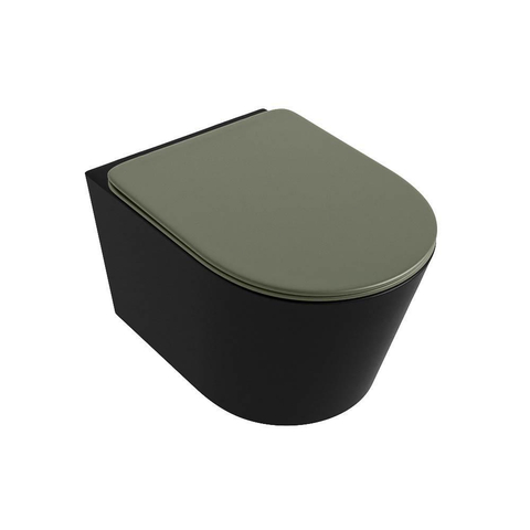 Mondiaz LAVIE hangtoilet – spoelrandloos – 36 x 53 cm – met softclose zitting – Urban (zwart), zitting Army (groen) SW1208580