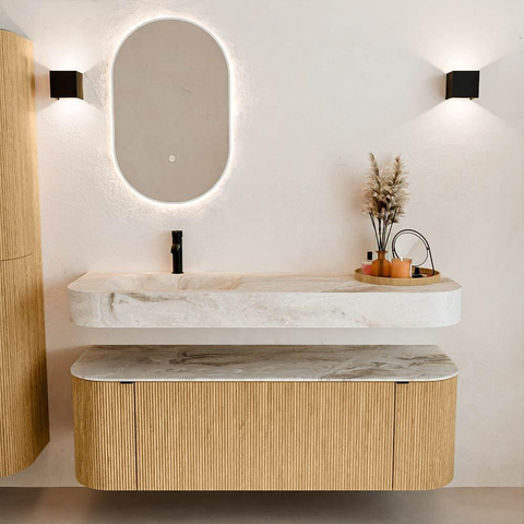 MONDIAZ THOR-DLUX 140cm meuble de salle de bains arrondi gauche + droite couleur Oak avec 1 tiroir et 2 portes. Vasque suspendue CLOUD Gauche 1 trou de robinet couleur Frappe. SW1463889