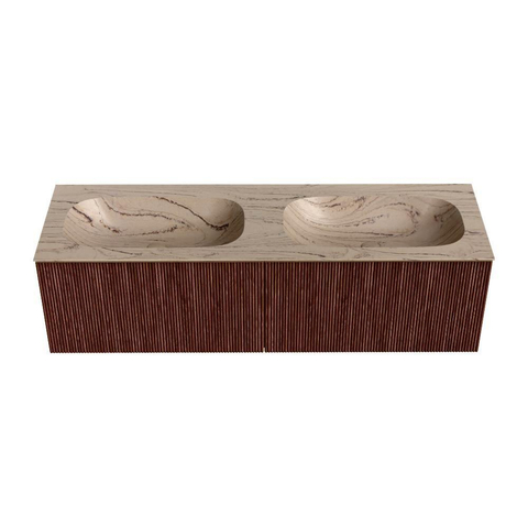 MONDIAZ KURVE-DLUX Meuble de salle de bains 150 cm couleur Ruby avec 2 tiroirs et 0 porte. Plan-vasque STOR SMALL Double sans trou de robinet Arena. SW1431570