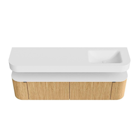 MONDIAZ THOR Meuble de salle de bains 180cm arrondi gauche + droite couleur Oak avec 2 tiroirs et 2 portes. Vasque suspendue CLOUD Droite sans trou de robinet couleur Talc. SW1465884