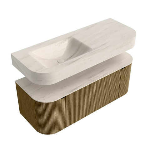 MONDIAZ THOR-DLUX 120cm meuble de salle de bains arrondi gauche + droite couleur Dusk avec 1 tiroir et 2 portes. Vasque suspendue CLOUD gauche 1 trou de robinet couleur Meli. SW1463308
