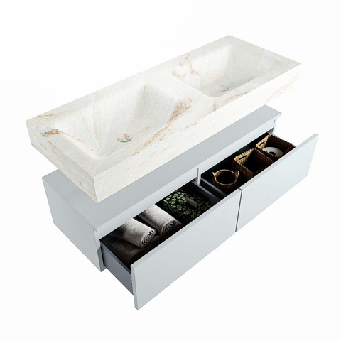 Mondiaz ALAN-DLUX Ensemble de meuble - 120cm - meuble Clay mat - 2 tiroirs - Lavabo Cloud Frappe suspendu - vasque Gauche et droite - 0 trous de robinet SW805591
