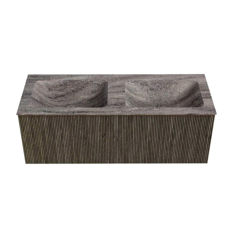 MONDIAZ KURVE-DLUX Meuble de salle de bains 120 cm couleur Shadow avec 1 tiroir et 0 porte. Lavabo LEAF Double 2 trous de robinet Oza. SW1432921