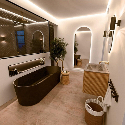 Mondiaz CIRO-DLUX Ensemble de meubles de salle de bains - 70x45x50cm - lavabo en solid surface Oza - 1 vasque au milieu - sans trous de robinet - 2 tiroirs - Chêne SW1531100