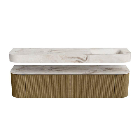 MONDIAZ THOR-DLUX 190cm meuble de salle de bains arrondi gauche + droite couleur Dusk avec 2 tiroirs et 2 portes. Vasque suspendue CLOUD Droite 1 trou de robinet couleur Frappe. SW1466452