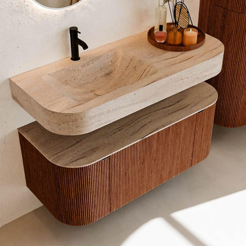 MONDIAZ THOR-DLUX Meuble de salle de bains 110cm arrondi gauche + droite couleur Ruby avec 1 tiroir et 2 portes. Vasque suspendue CLOUD Gauche 1 trou de robinet couleur Saba. SW1463015