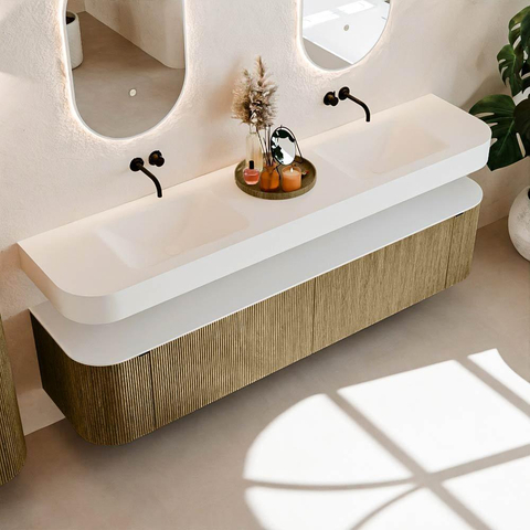 MONDIAZ THOR 200cm meuble de salle de bains arrondi gauche + droite couleur Dusk avec 2 tiroirs et 2 portes. Vasque suspendue CLOUD Double sans trou de robinet couleur Talc. SW1466843