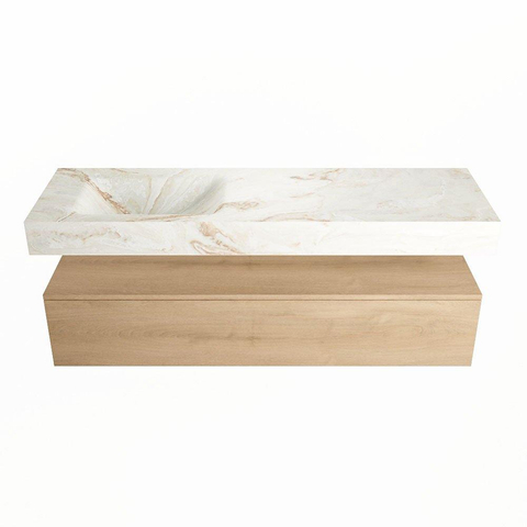 Mondiaz ALAN-DLUX Ensemble de meuble - 150cm - meuble Washed Oak mat - 1 tiroir - Lavabo Cloud Frappe suspendu - vasque Gauche - 1 trou de robinet SW808835