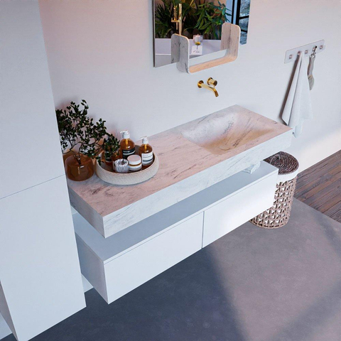 Mondiaz ALAN-DLUX Ensemble de meuble - 130cm - meuble Talc mat - 2 tiroirs - Lavabo Cloud Opalo suspendu - vasque Droite - 0 trous de robinet SW806488