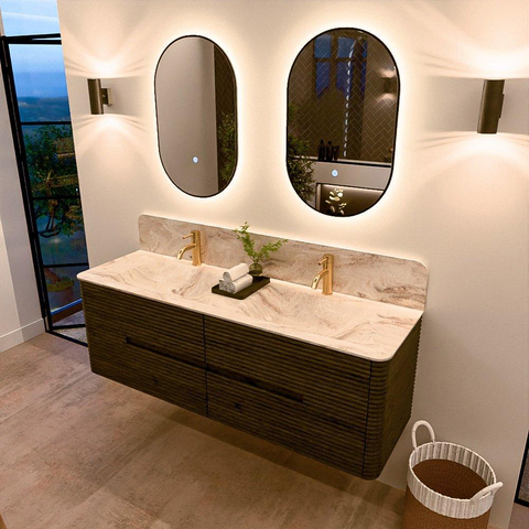Mondiaz CIRO-DLUX Badkamermeubelset - 150x45x50cm - Solid surface wastafel Frappe - 2 wasbak Dubbel - 2 kraangaten - 4 lades - Shadow SW1532026