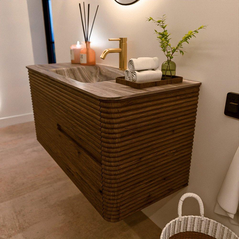 Mondiaz CIRO-DLUX Badkamermeubelset - 100x45x50cm - Solid surface wastafel Sombra - 1 wasbak Midden - 1 kraangat - 2 lades - Dusk SW1533382