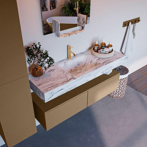 MONDIAZ ALAN - DLUX Badkamermeubelset - 130cm - onderkast - Oro - 2 lades - vrijhangende wastafel - wasbak midden - 1 kraangat - Glace SW806222
