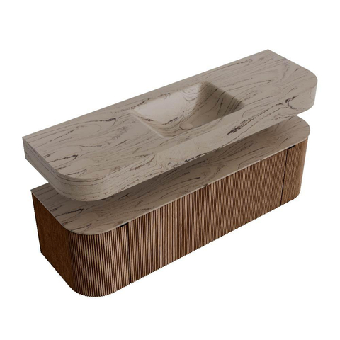 MONDIAZ THOR-DLUX 150cm badmeubel ronding links + rechts kleur Walnut met 1 lade en 2 deuren. Vrijhangende wastafel CLOUD Midden zonder kraangat kleur Arena. SW1464718